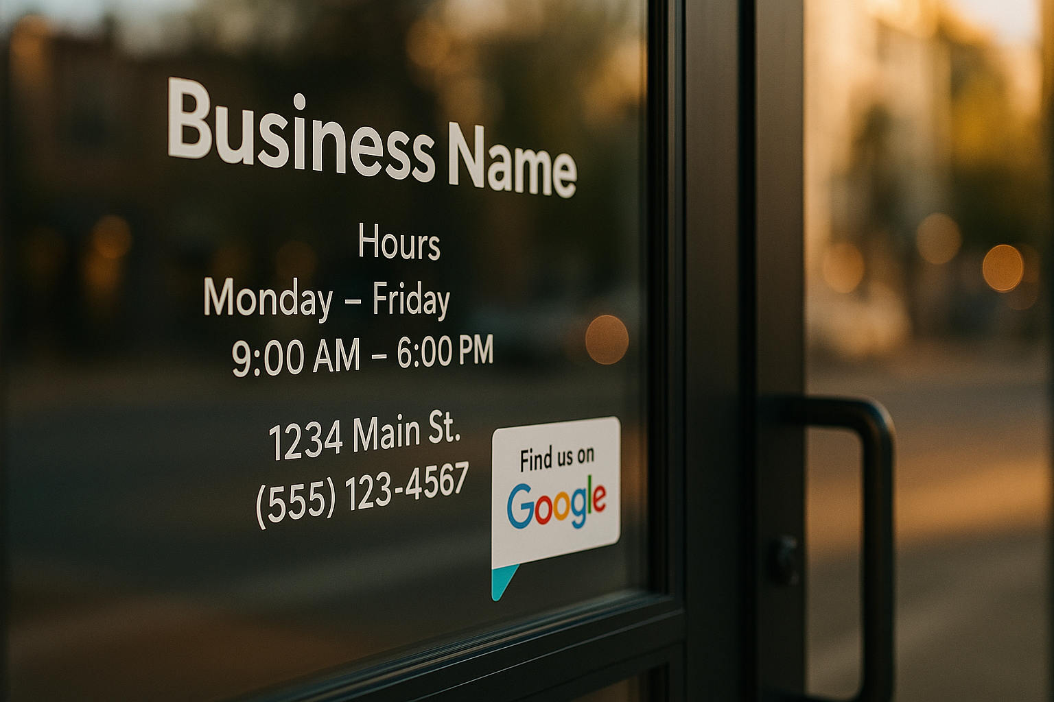 Glass storefront door with posted hours and business name decal