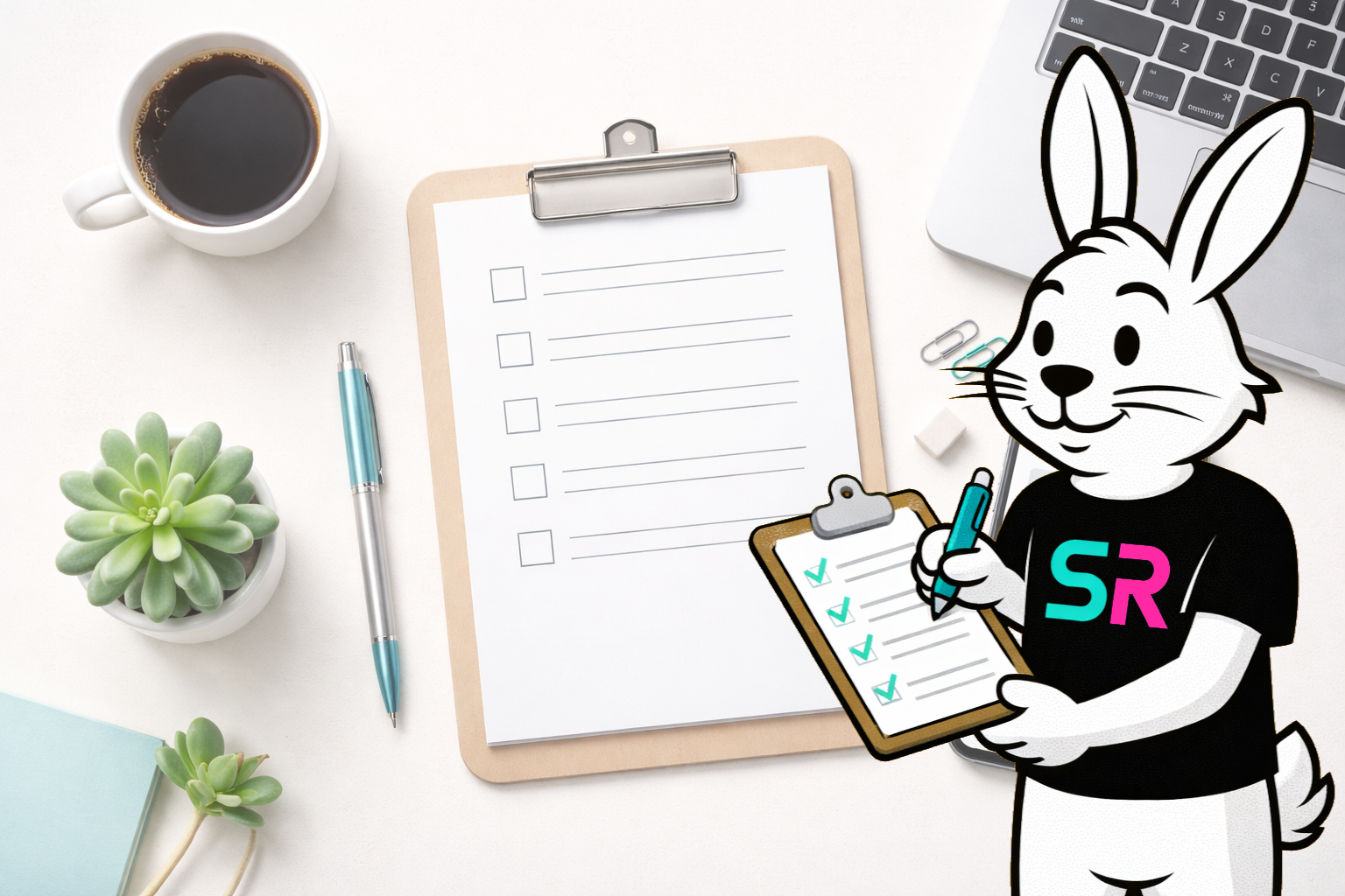 Top-down view of a desk with a checklist, laptop, and phone, representing preparation for Google Business Profile setup.